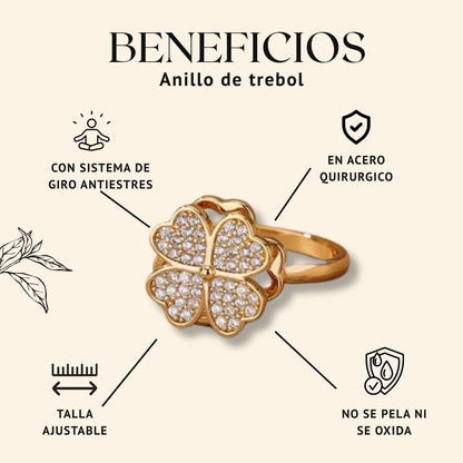 ANILLO DE TREBOL GIRATORIO (ANTIESTRES) Paz interior y energía positiva